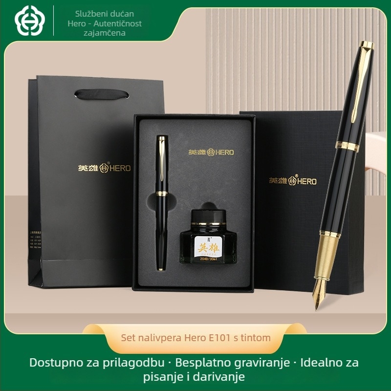 Hero E101 pero s iridijevim vrhom, u poklon kutiji s atramentom – elegantno poslovno pero za pisanje i potpisivanje.