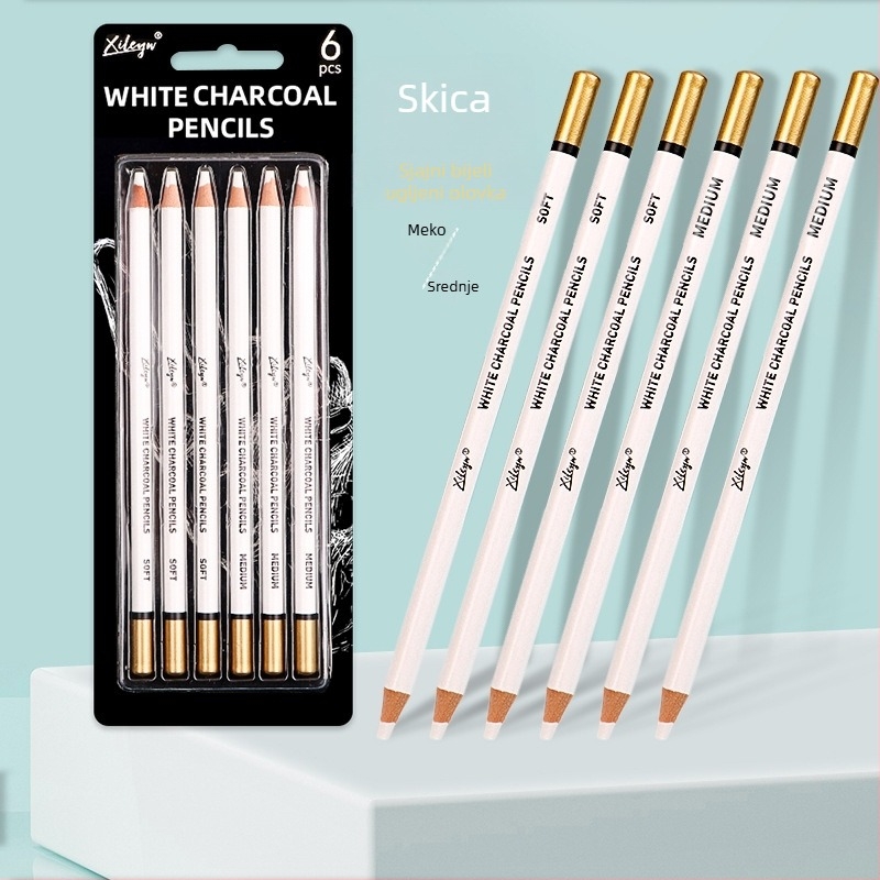 Xileyw Bijelo ugljeno pero za skiciranje, 6 kom, Drveno tijelo, Model XL-BTB-6, Blister paket