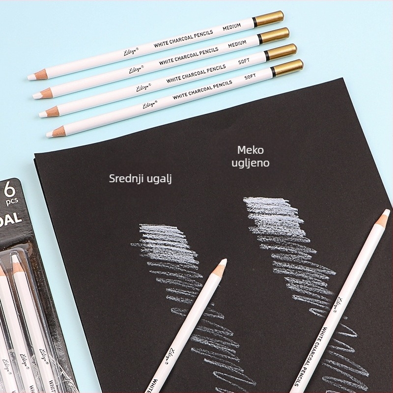 Xileyw Bijelo ugljeno pero za skiciranje, 6 kom, Drveno tijelo, Model XL-BTB-6, Blister paket