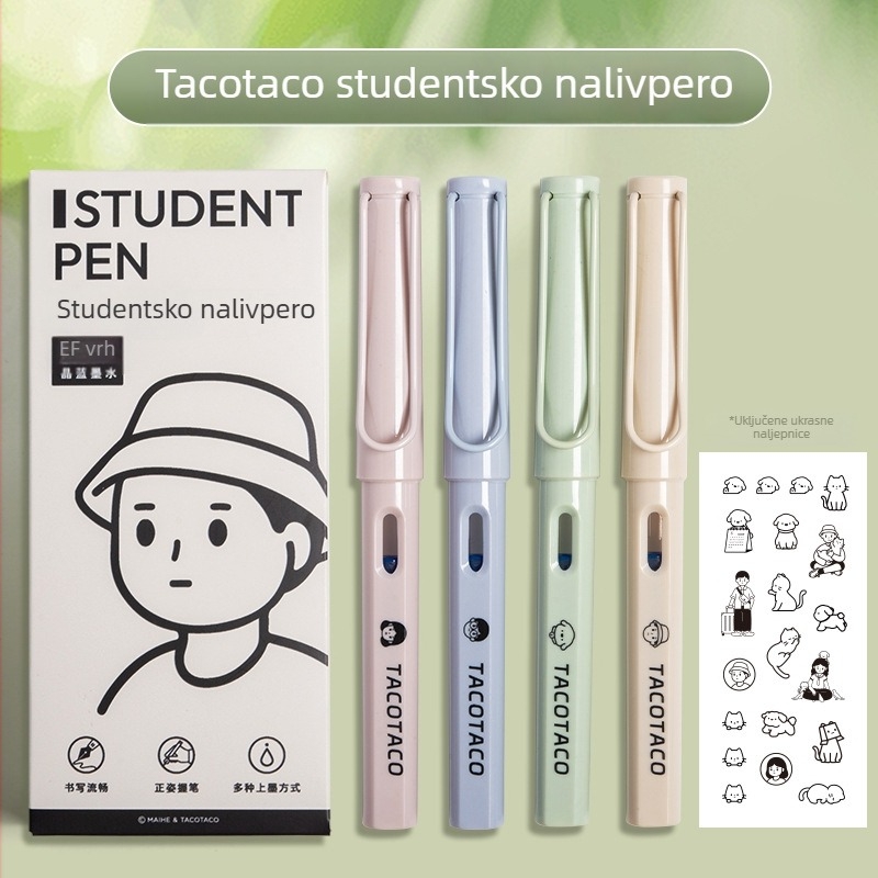 Tacotaco pero s tintom za učenike trećeg razreda, namijenjeno kaligrafiji tvrdim perom, s zamjenjivim tintnim patronama, kristalno plava tinta, pero s korekcijom držanja