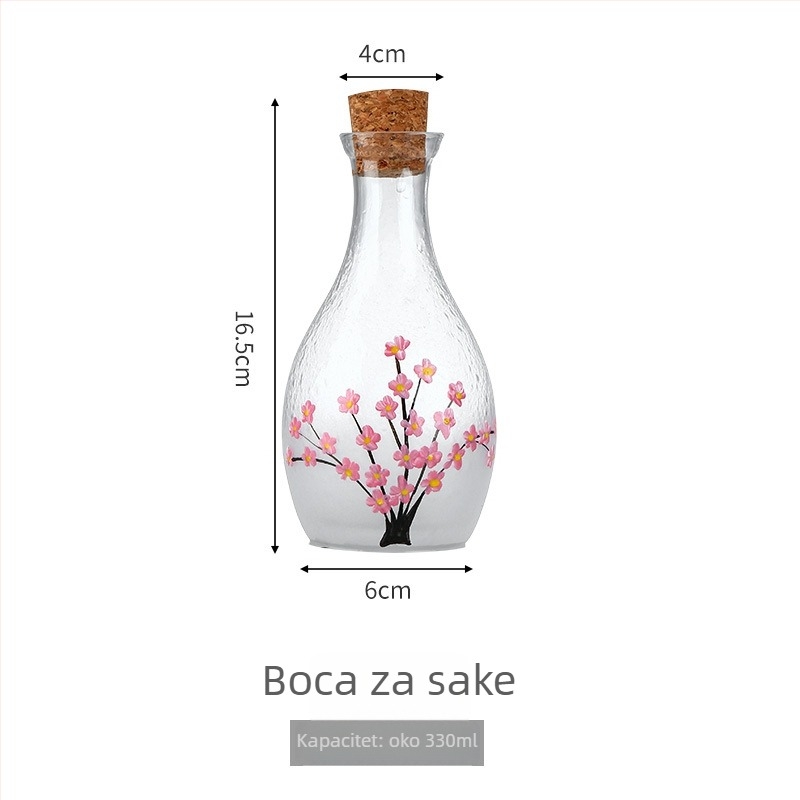 Ručni oslikani stakleni set za sake s motivima cvijeta trešnje i šljive — uključuje 4 čaše za sake, posudu za sake i posudu za vino — moderan minimalistički stil