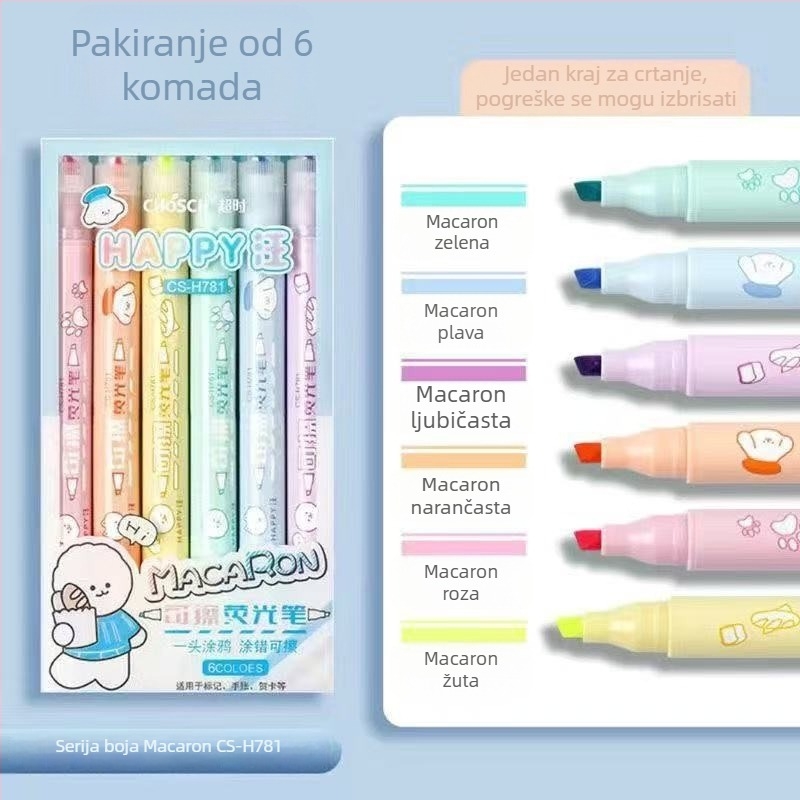 Izbrisivi fluorescencijski marker za dnevnik – dvostrani, plastično kućište, 6 komada u pakiranju, model Cs-h781, Timeout