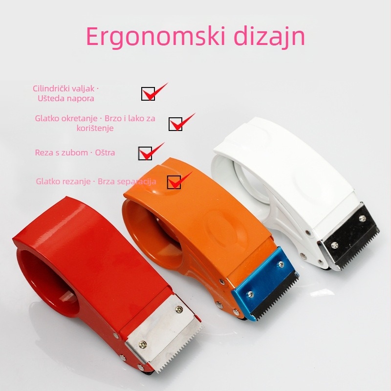 Teški rezač kutijske trake za zatvaranje – metalno kućište, model Metal Cutter, širina trake do 75 mm, promjer osovine 130 mm, neto težina 180 g, pogodan za brtvljenje i pakiranje