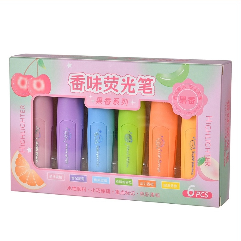 Prijenosni aromatični označivač — cvjetni i voćni miris, set od 6 okusa (6 bočica u kutiji), plastično tijelo, kutija za pakiranje, Ju Meng Stationery
