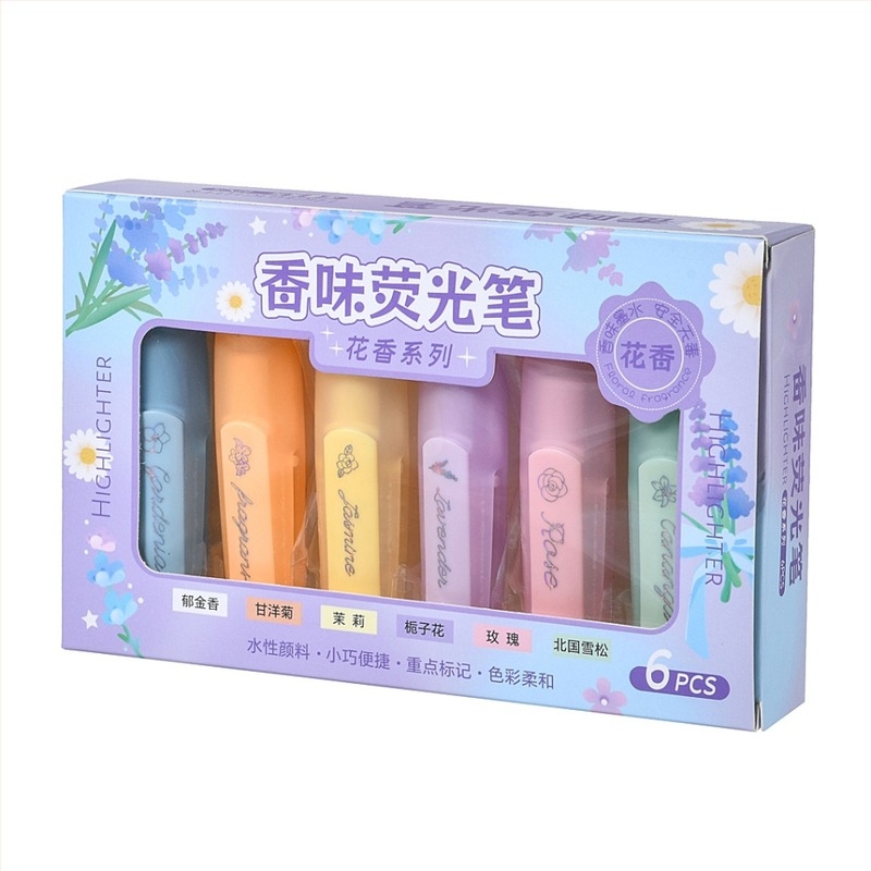 Prijenosni aromatični označivač — cvjetni i voćni miris, set od 6 okusa (6 bočica u kutiji), plastično tijelo, kutija za pakiranje, Ju Meng Stationery