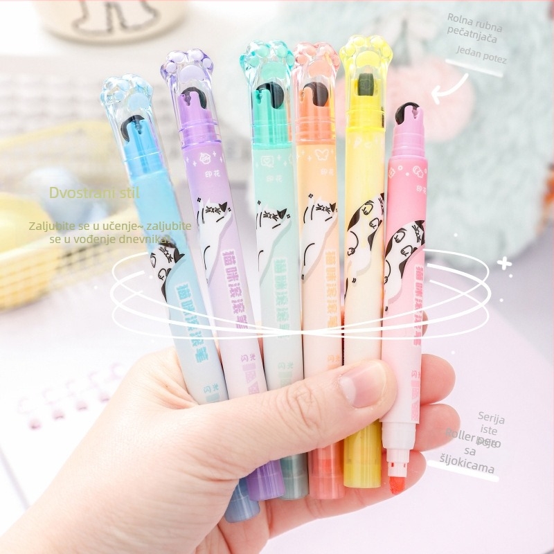 Dvostrani roller highlighter s otiskom mačje šape, cvjetne linije, sjajan dnevnički marker, slatka konturna olovka