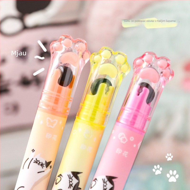 Dvostrani roller highlighter s otiskom mačje šape, cvjetne linije, sjajan dnevnički marker, slatka konturna olovka