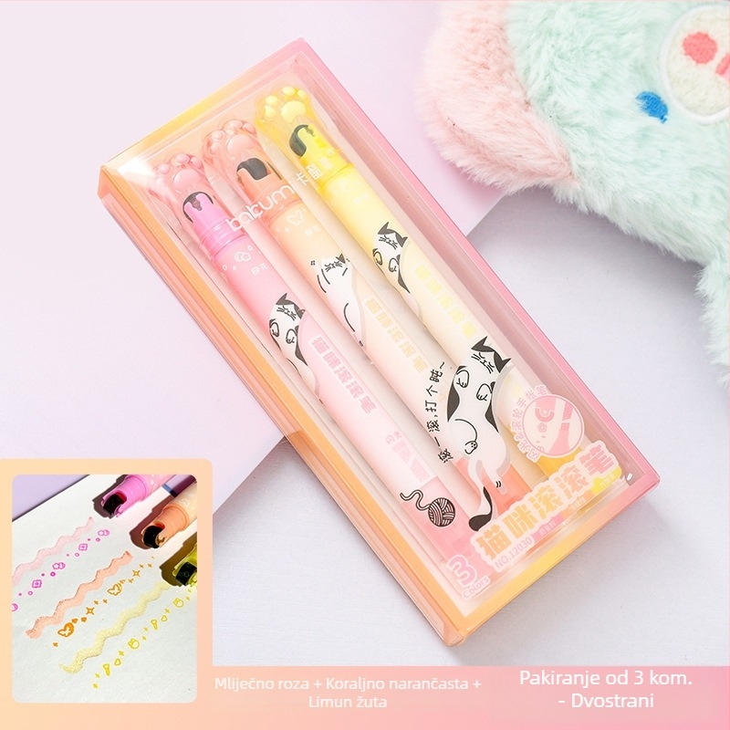Dvostrani roller highlighter s otiskom mačje šape, cvjetne linije, sjajan dnevnički marker, slatka konturna olovka