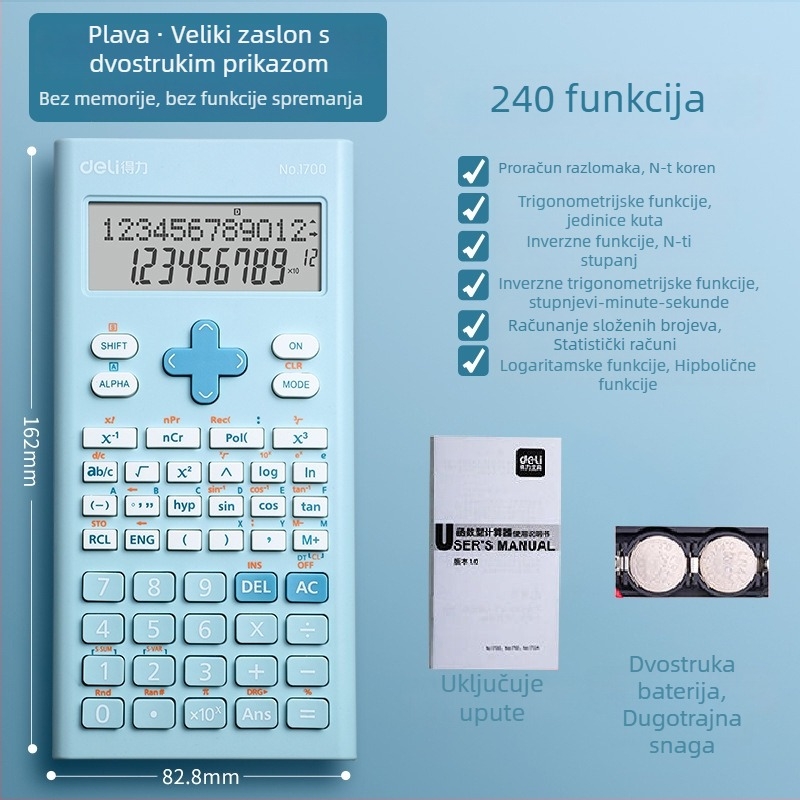 Deli 1700 Funkcijski kalkulator s velikim zaslonom, 12 znamenki, plastično kućište, napajan baterijom na tipku