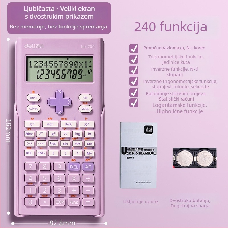 Deli 1700 Funkcijski kalkulator s velikim zaslonom, 12 znamenki, plastično kućište, napajan baterijom na tipku