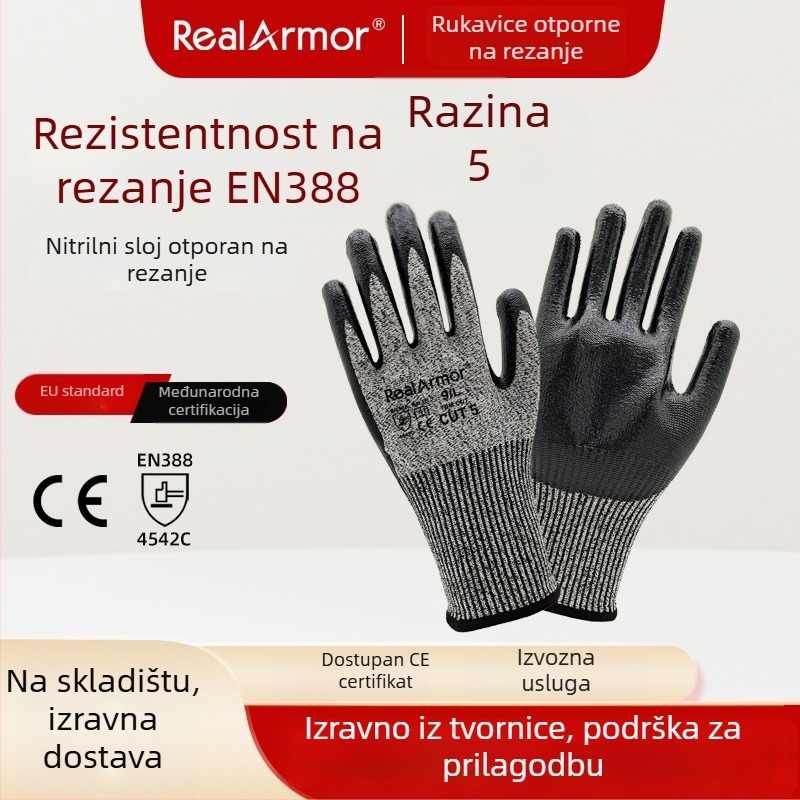 CE certificirane rukavice EN388 razina 5 otporne na rezanje, HPPE + sjajni nitrilni premaz, protuklizne