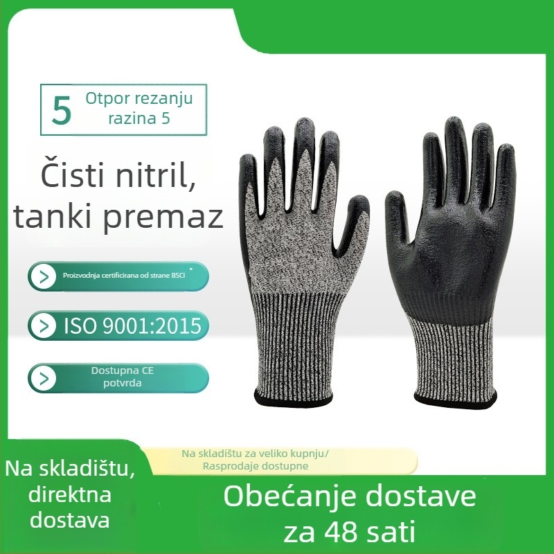 CE-sertificirane rukavice za zaštitu od reza EN388 razina 5, HPPE + sjajni nitrilni premaz, otpornost na habanje razina 4