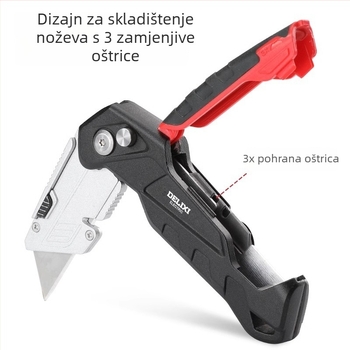 Delixi sklopni višenamjenski nož – rezanje tapeta i papira, trapezno oštrice s zaštitnim kućištem, 10 komada, aluminijski držač