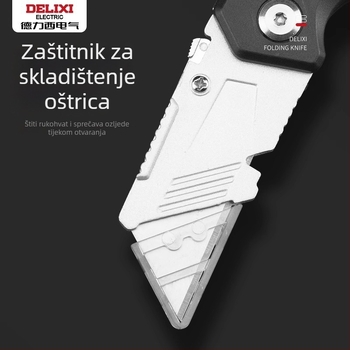 Delixi sklopni višenamjenski nož – rezanje tapeta i papira, trapezno oštrice s zaštitnim kućištem, 10 komada, aluminijski držač