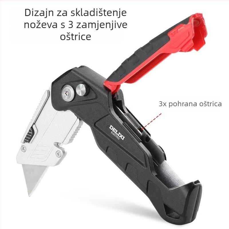 Delixi sklopni višenamjenski nož – rezanje tapeta i papira, trapezno oštrice s zaštitnim kućištem, 10 komada, aluminijski držač