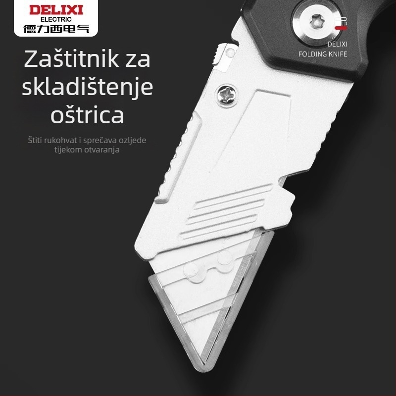 Delixi sklopni višenamjenski nož – rezanje tapeta i papira, trapezno oštrice s zaštitnim kućištem, 10 komada, aluminijski držač