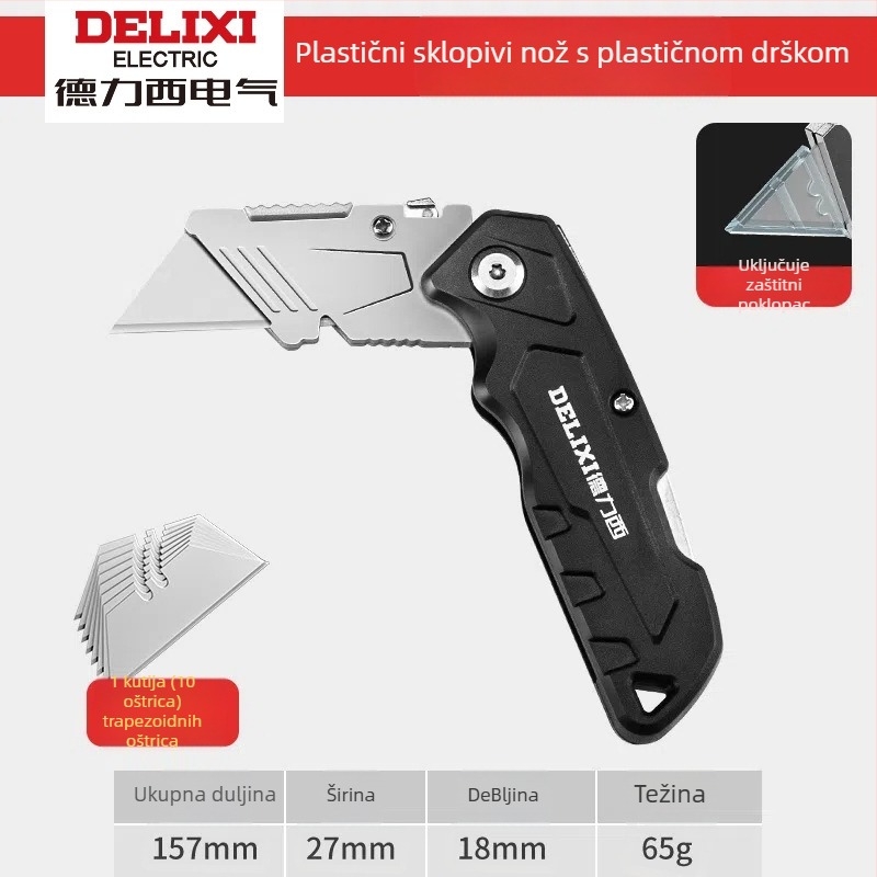 Delixi sklopni višenamjenski nož – rezanje tapeta i papira, trapezno oštrice s zaštitnim kućištem, 10 komada, aluminijski držač