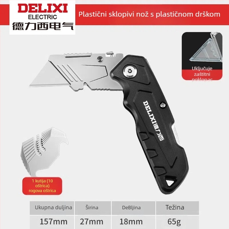 Delixi sklopni višenamjenski nož – rezanje tapeta i papira, trapezno oštrice s zaštitnim kućištem, 10 komada, aluminijski držač