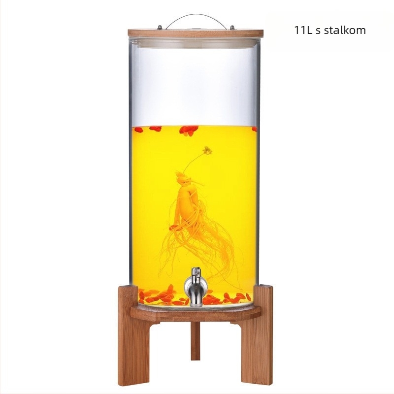 Set za piće: borosilikatno staklo s enzimskim barilom i slavinom, veliki kapacitet, poklopac od bambusa, zatvoren