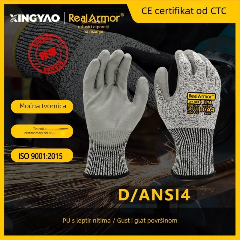 Rukavice otporne na rez EN388 CE certificirane, razina A5 i zaštita D, HPPE stakloplast s PU premazom