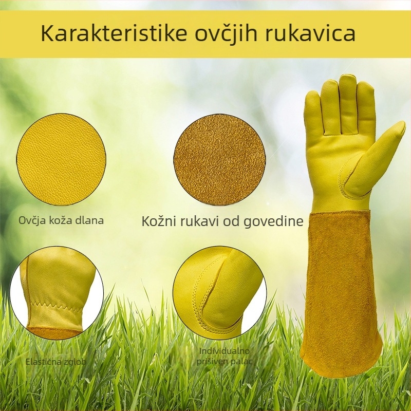 Rukavice za vrtlarstvo od ovčje kože s manžetom od teleće kože — otporne na probijanje, dugačke do 44 cm; višekratna uporaba; za rezanje cvijeća i grmlja, pčelarstvo i zavarivanje