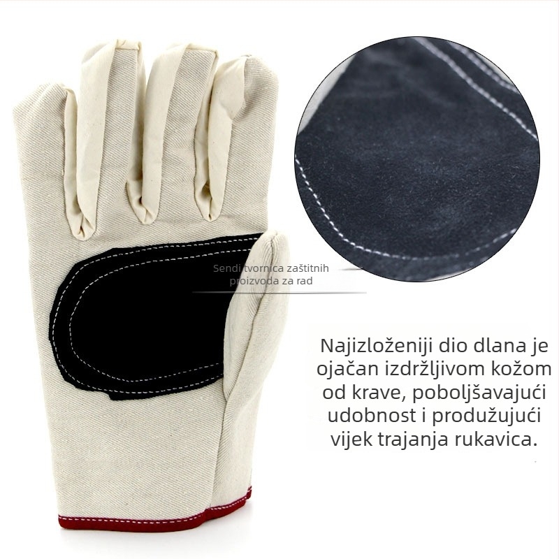 Zaštitne rukavice za zavarivanje od debelog platna, kožna dlan s dvostrukim slojem, potpuno podstavljene, duljina oko 24,5 cm
