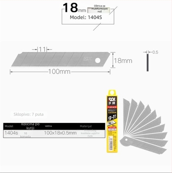Oštrice za univerzalni nož model 1404S, ugljično čelika, za rezanje tapeta, pakiranje: 10 komada po maloj kutiji, 240 kutija u kartonu
