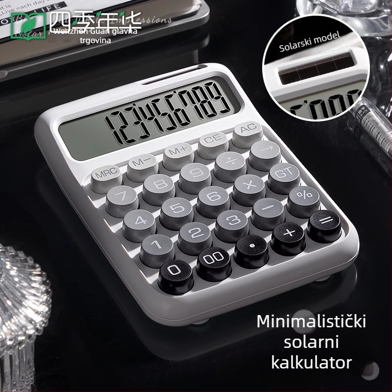 Solarni kalkulator s mehaničkim tipkama, minimalistički stil, 12-znamenkasti zaslon, za uredske i financijske potrebe