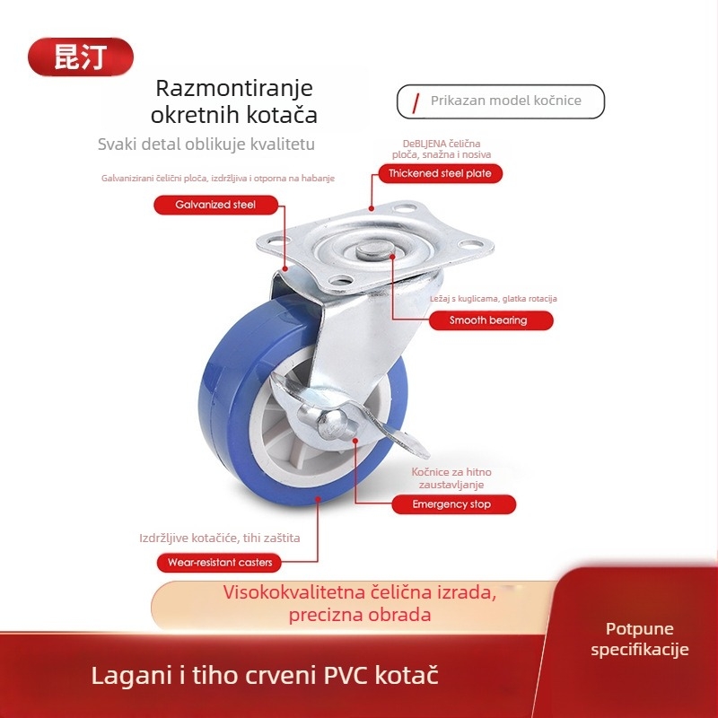 Lagani tiši PVC kotač za namještaj, s dvostrukim ležajem, konstrukcija od željeza i PVC