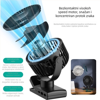 Klip ventilator s USB punjenjem, ugrađena baterija 1200–2000mAh, 5 brzina, digitalni prikaz i tajmer