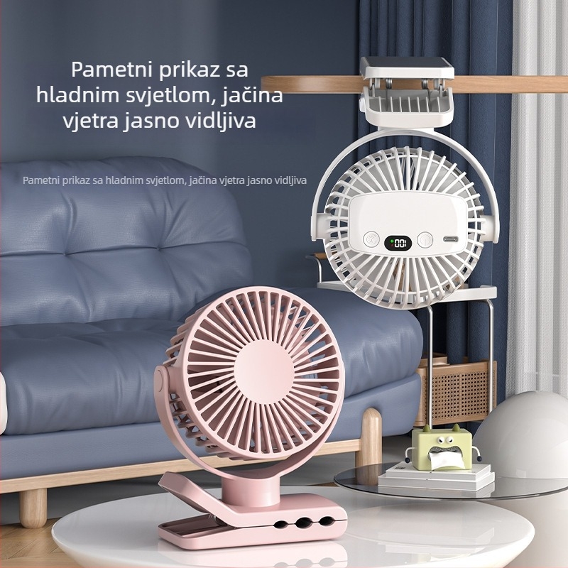 Klip ventilator s USB punjenjem, ugrađena baterija 1200–2000mAh, 5 brzina, digitalni prikaz i tajmer