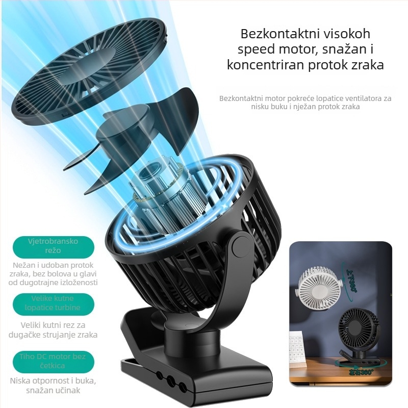 Klip ventilator s USB punjenjem, ugrađena baterija 1200–2000mAh, 5 brzina, digitalni prikaz i tajmer