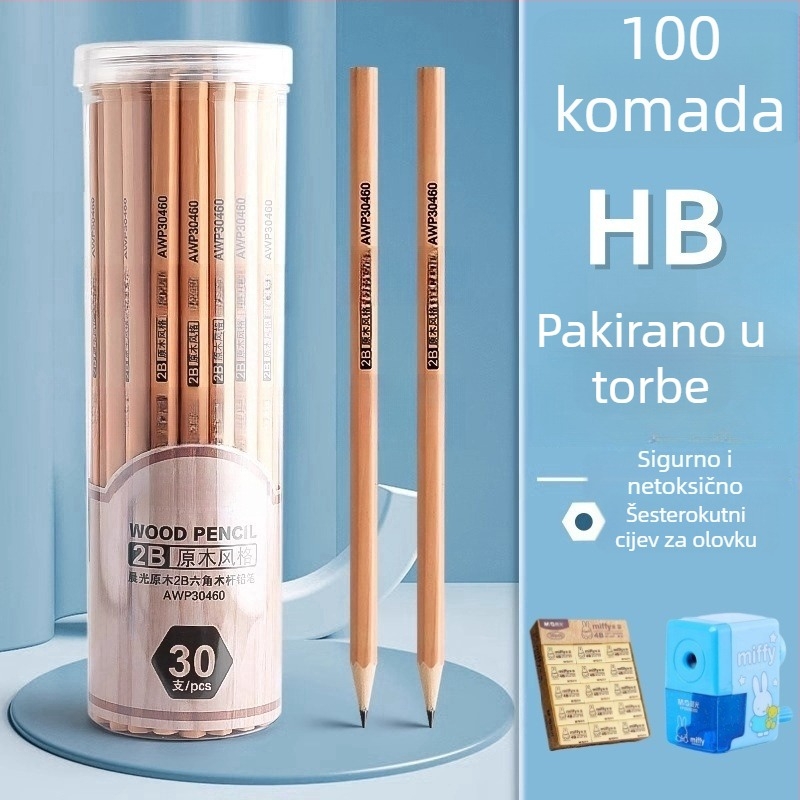Drvena šestougaona olovka za djecu s grafitom 2B/HB — za učenike i crtanje u vrtiću