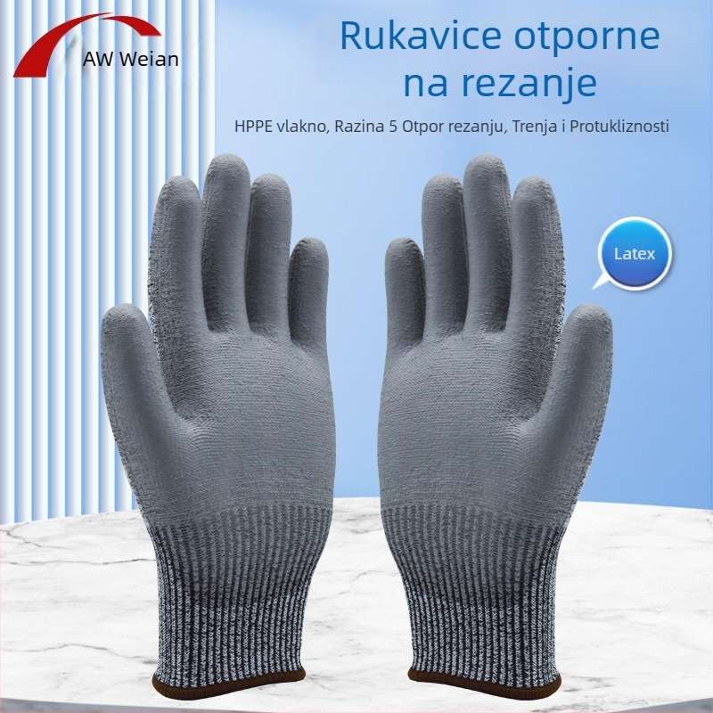 Wei'an rukavice protiv rezanja, razina 5, s pamučnim jezgrom i latexnim premazom, za preradu metala i stakla, lisanje/štancanje, automobilska industrija i zrakoplovstvo
