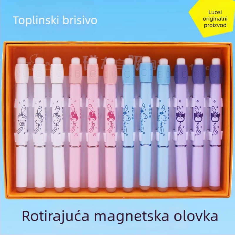 Roche magnetsko rotirajuće izbrisivo pero za učenike osnovne škole, ultra tanke šarene vrhove, zamjenjivi veliki i mali vrhovi, metalno kućište, spremnik tinte, 12 komada u kutiji