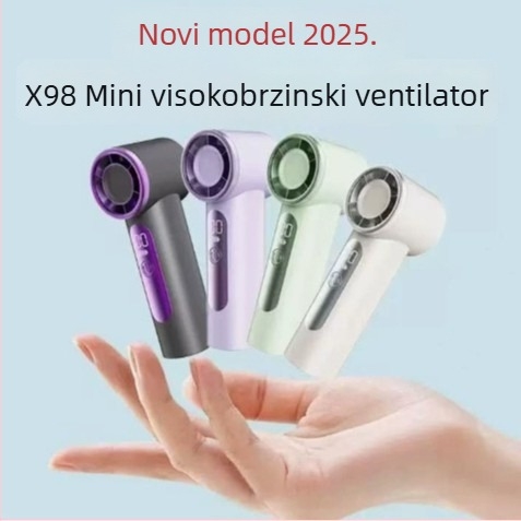 Ručni USB ventilator s brushless motorom, ugrađena litij‑ionska baterija, USB punjenje, digitalni zaslon, 6 brzina