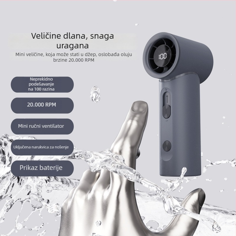 Mini USB ručni ventilator s digitalnim prikazom, džepni za vanjsku upotrebu, 5 lopatica, 100-stupnjeva regulacije brzine, visoka brzina