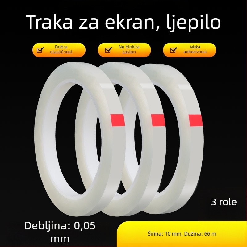 Pozicionirajuća traka za precizno pozicioniranje metalnih dijelova; PET osnova; debljina 0,05 mm; ljepilo poliesterske kaučuka; temperaturni raspon -10 do 70 °C.