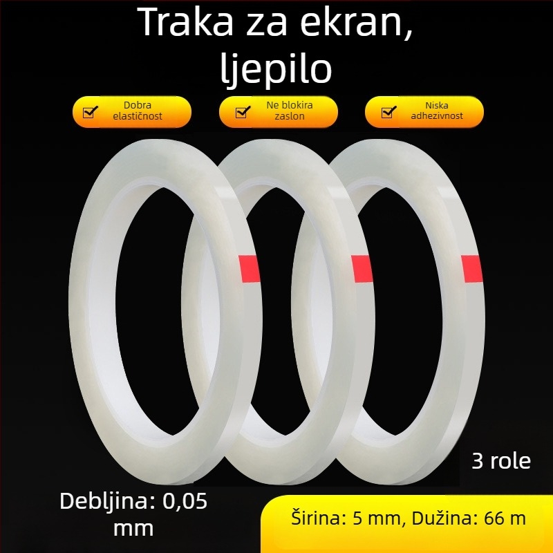 Pozicionirajuća traka za precizno pozicioniranje metalnih dijelova; PET osnova; debljina 0,05 mm; ljepilo poliesterske kaučuka; temperaturni raspon -10 do 70 °C.