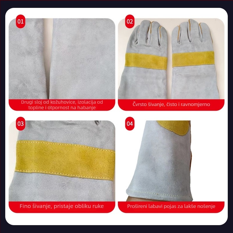Rukavice za rad od goveđe kože za zavarivanje i vanjske radove — otporne na visoke temperature, toplinska izolacija, otporne na prskanje, prozračne, protuklizne