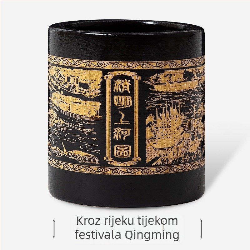 Kružni držač olovaka od bambusa s izgraviranim motivom, retro kineski stil, uredski organizator, tisak logotipa, mogućnost prilagodbe