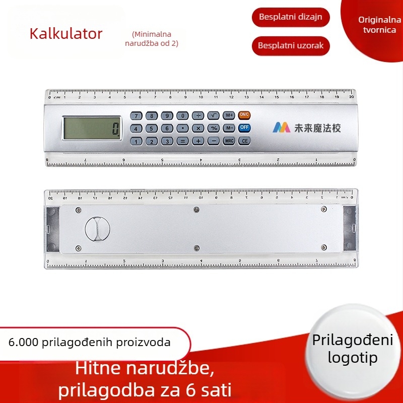 Kalkulator s prilagođenim logotipom i pravilo za ured – idealan za poslovne darove, izložbe i promotivne svrhe