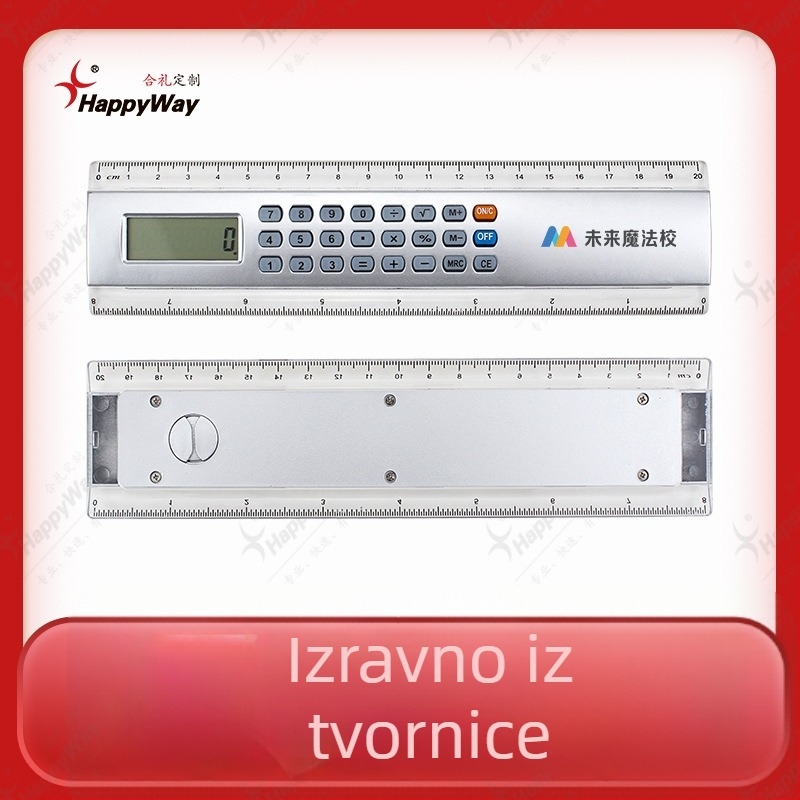 Kalkulator s prilagođenim logotipom i pravilo za ured – idealan za poslovne darove, izložbe i promotivne svrhe