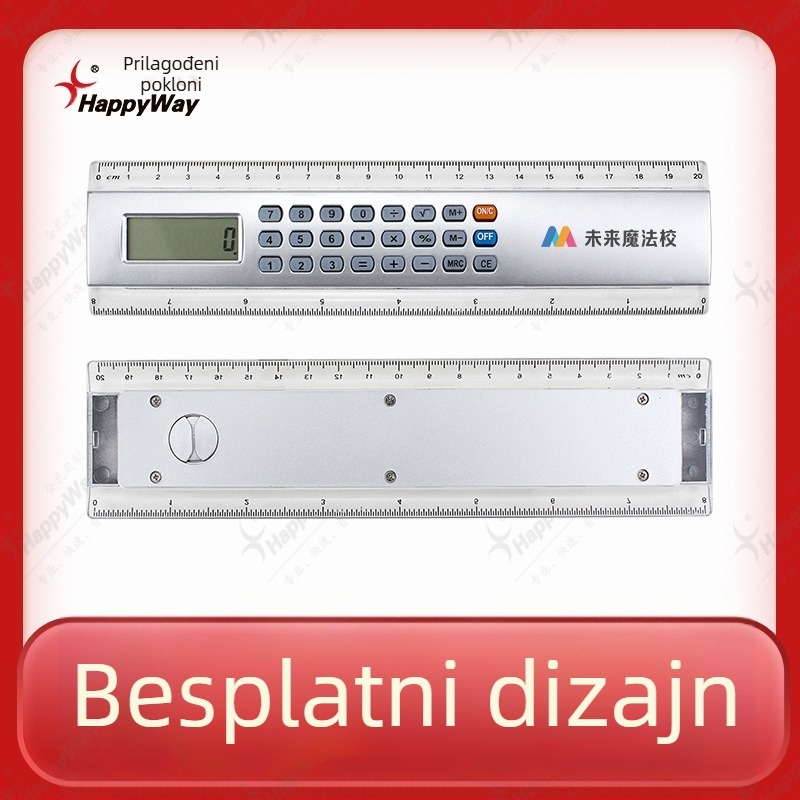 Kalkulator s prilagođenim logotipom i pravilo za ured – idealan za poslovne darove, izložbe i promotivne svrhe
