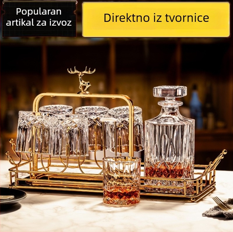 Europski klasični kristalni set za viski – 1 boca, 6 čaša, držač za čaše s jelenskim motívom i ogledni pladanj