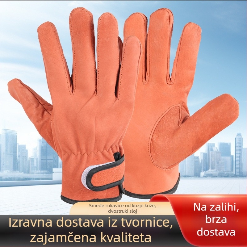 Smeđe dvostruko slojevite rukavice od ovčje kože za vozače i zavarivače, protiv opeklina, toplozolirane i prozračne, zaštitne radne rukavice