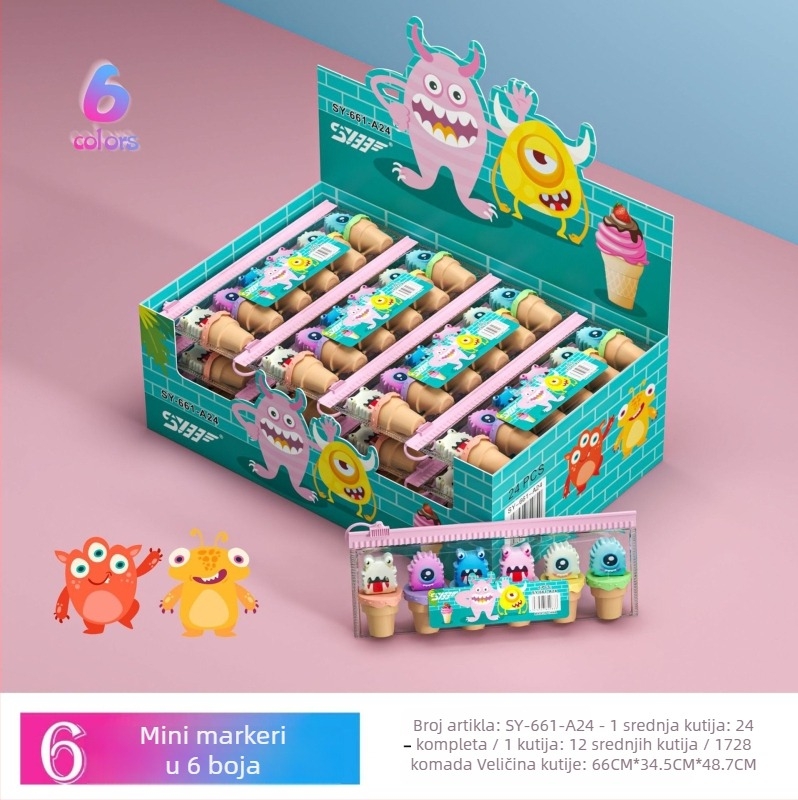 Marker za isticanje u obliku crtanog lika, model SY-661, plastično kućište, pakiranje 6 komada u vrećici, neizbrisiv.