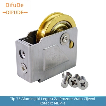 Rolna za vrata i prozore s kućištem od nehrđajućeg čelika i bakrenim kotačićem s ležajem, model DFD-HL73-T; radijus utora za uže 14,25 mm; promjer osovine 10 mm; pogodno za aluminijske dvostruke vrata i prozore tipa 73