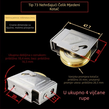 Rolna za vrata i prozore s kućištem od nehrđajućeg čelika i bakrenim kotačićem s ležajem, model DFD-HL73-T; radijus utora za uže 14,25 mm; promjer osovine 10 mm; pogodno za aluminijske dvostruke vrata i prozore tipa 73