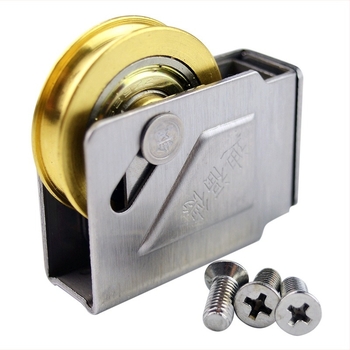 Rolna za vrata i prozore s kućištem od nehrđajućeg čelika i bakrenim kotačićem s ležajem, model DFD-HL73-T; radijus utora za uže 14,25 mm; promjer osovine 10 mm; pogodno za aluminijske dvostruke vrata i prozore tipa 73